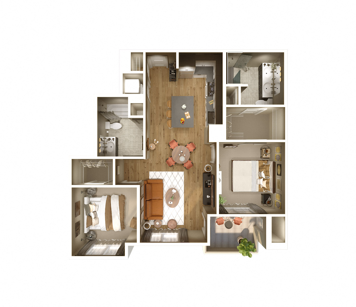Floor plan for 2 beds, 2 baths, 986 sqft
